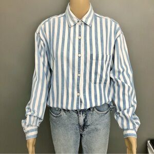Hunt Club Stripped Minimalist Pastel Blue Casual Unisex Button Down Shirt Blouse